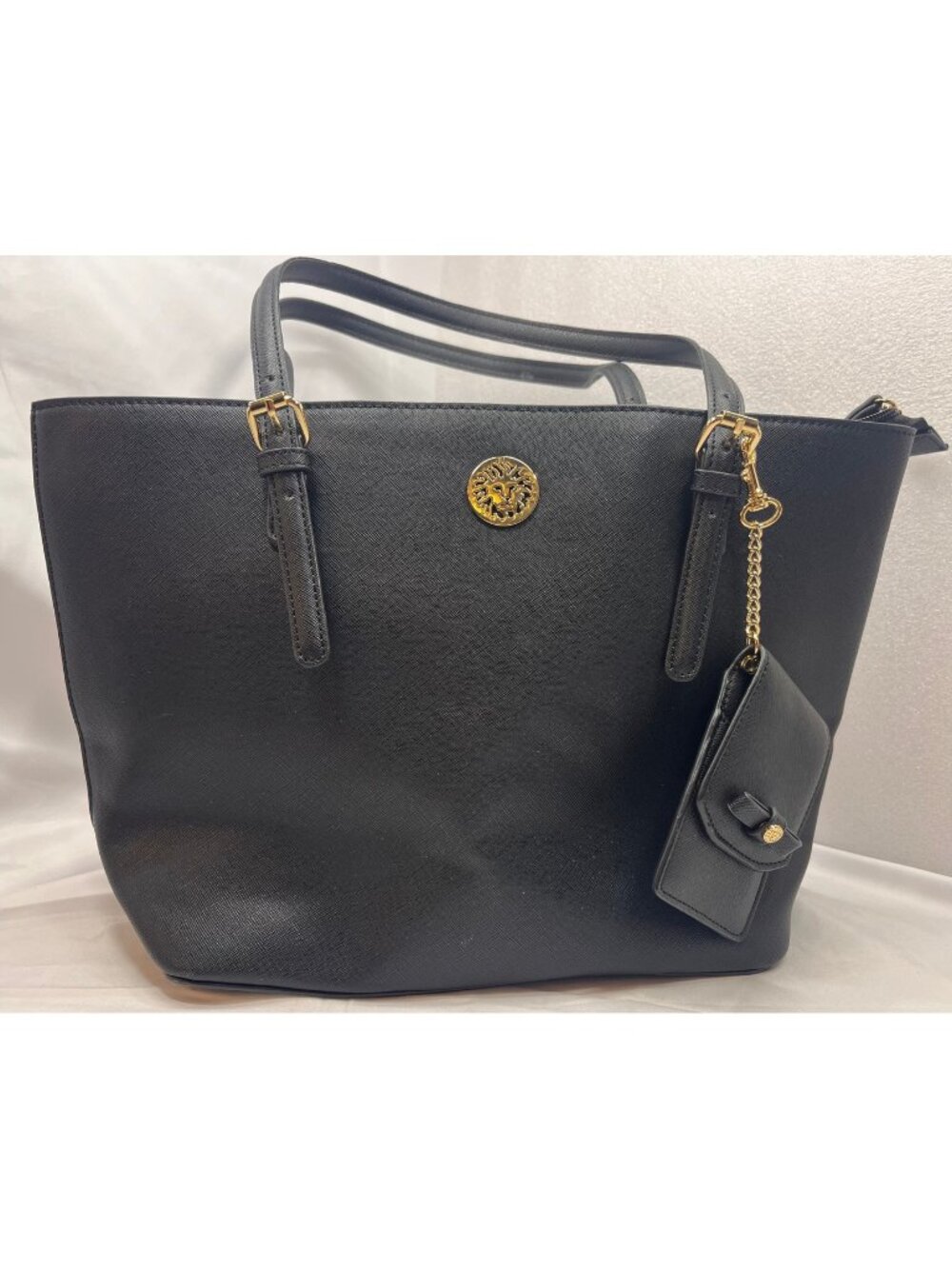 Anne Klein Black Faux Leather Tote Bag Gold Lion Logo ID Holder Shoulder Purse